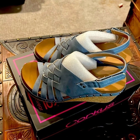 , blue leather denim, Velcro ankle wedge heel sandal corkys - Picture 1 of 7